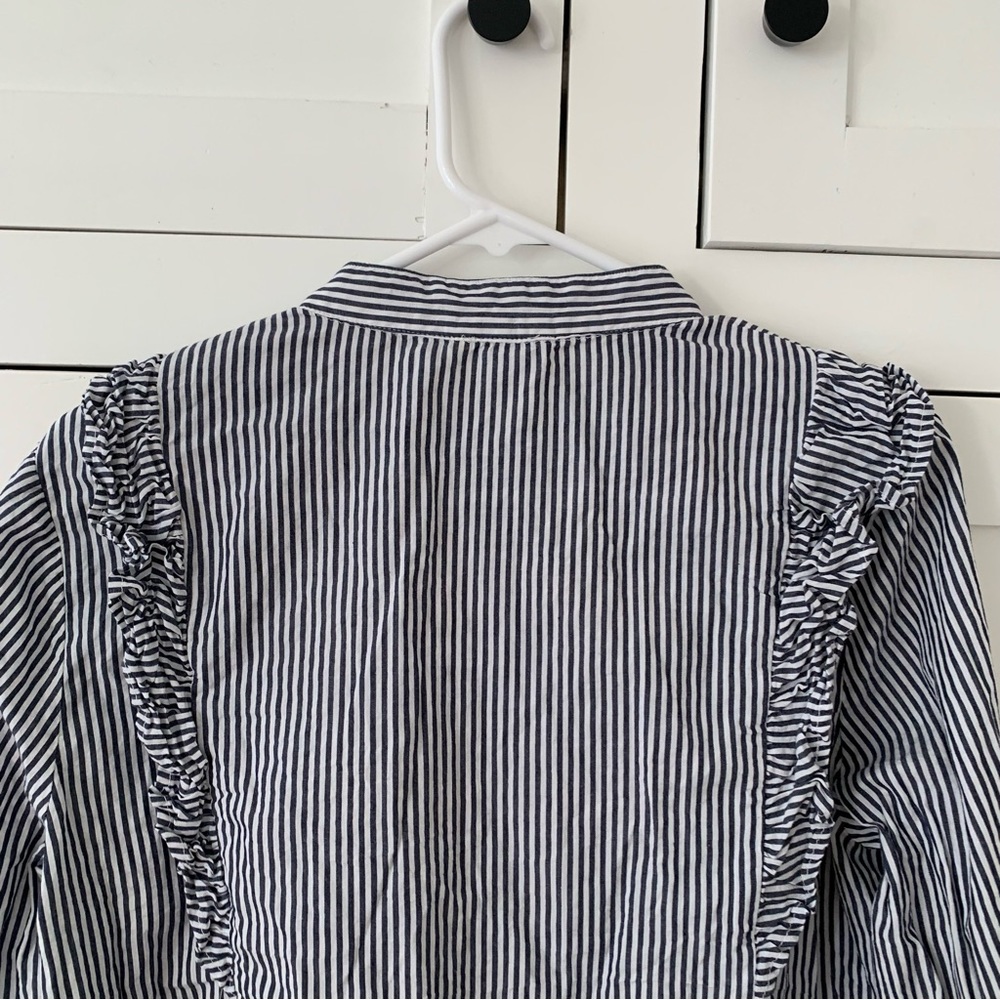 Dance & Marvel Blue Stripe Floral Embroidered Ruffle Long Sleeve Button Top L - Picture 11 of 13